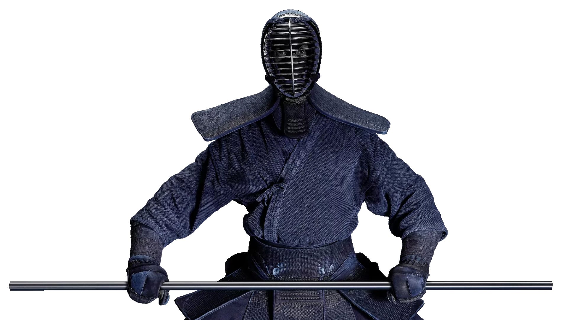 Samurai in Kendo-Rüstung mit Stabstahl aus extreme Ultrafeinkörniger Stahl quer gehalten.
